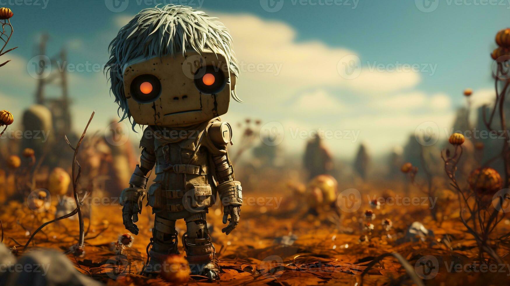 foto van schattig zombie kind robot woestijn in achtergrond generatief ai