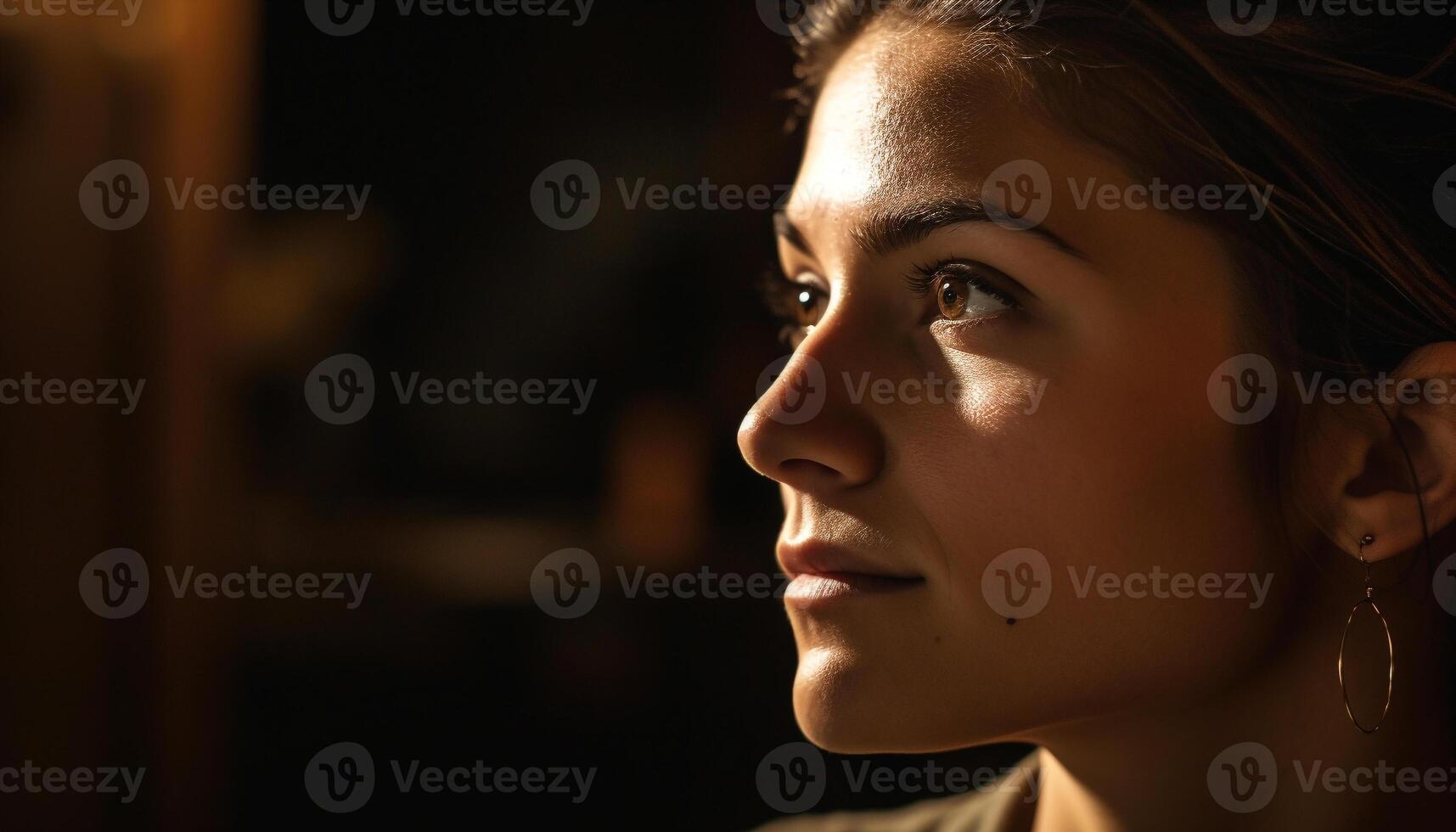 jong vrouw met bruin haar, op zoek weg, overweegt haar schoonheid gegenereerd door ai foto