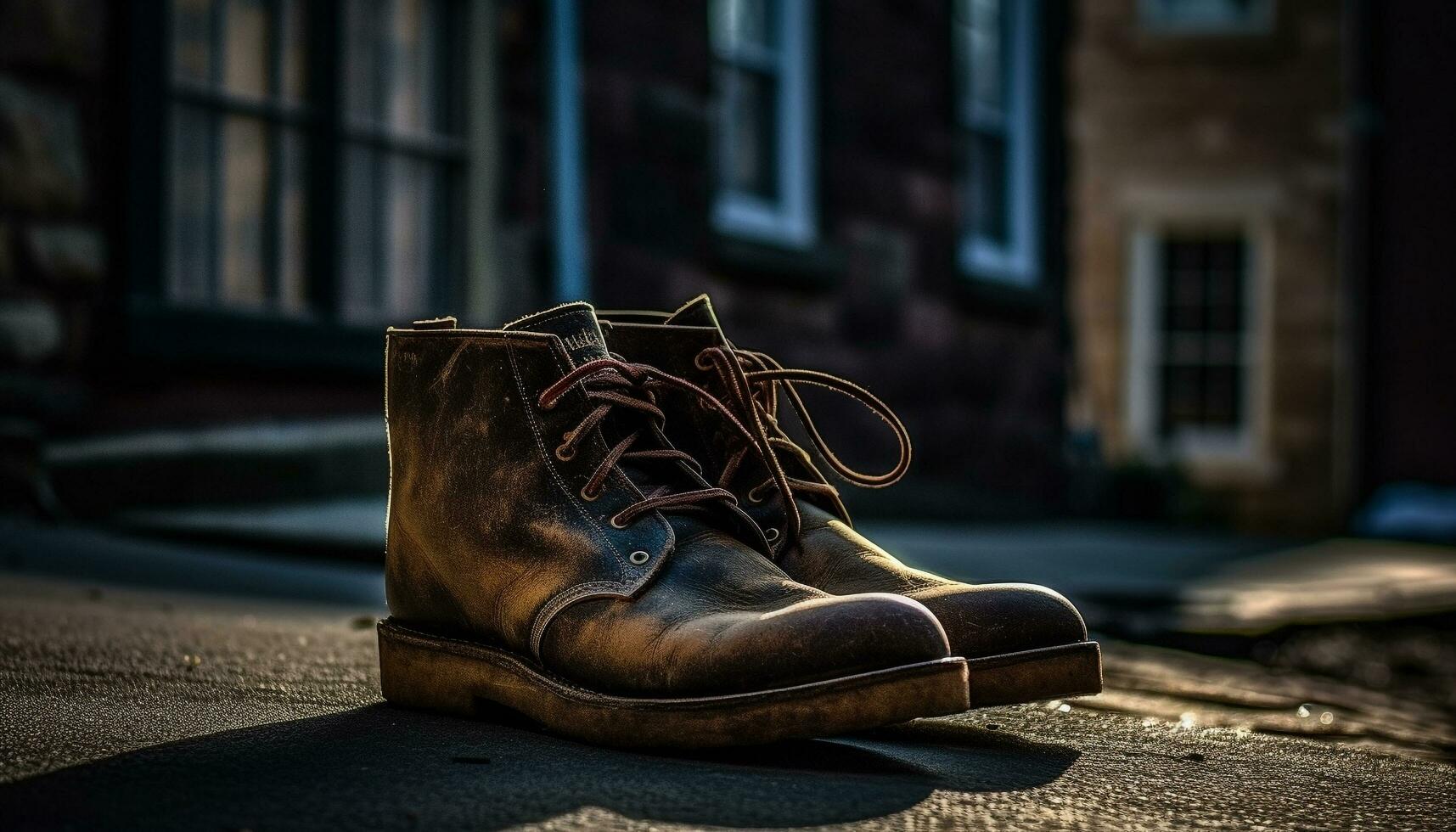 oud, vuil mannen in oud fashioned leer schoenen wandelen in de stad gegenereerd door ai foto