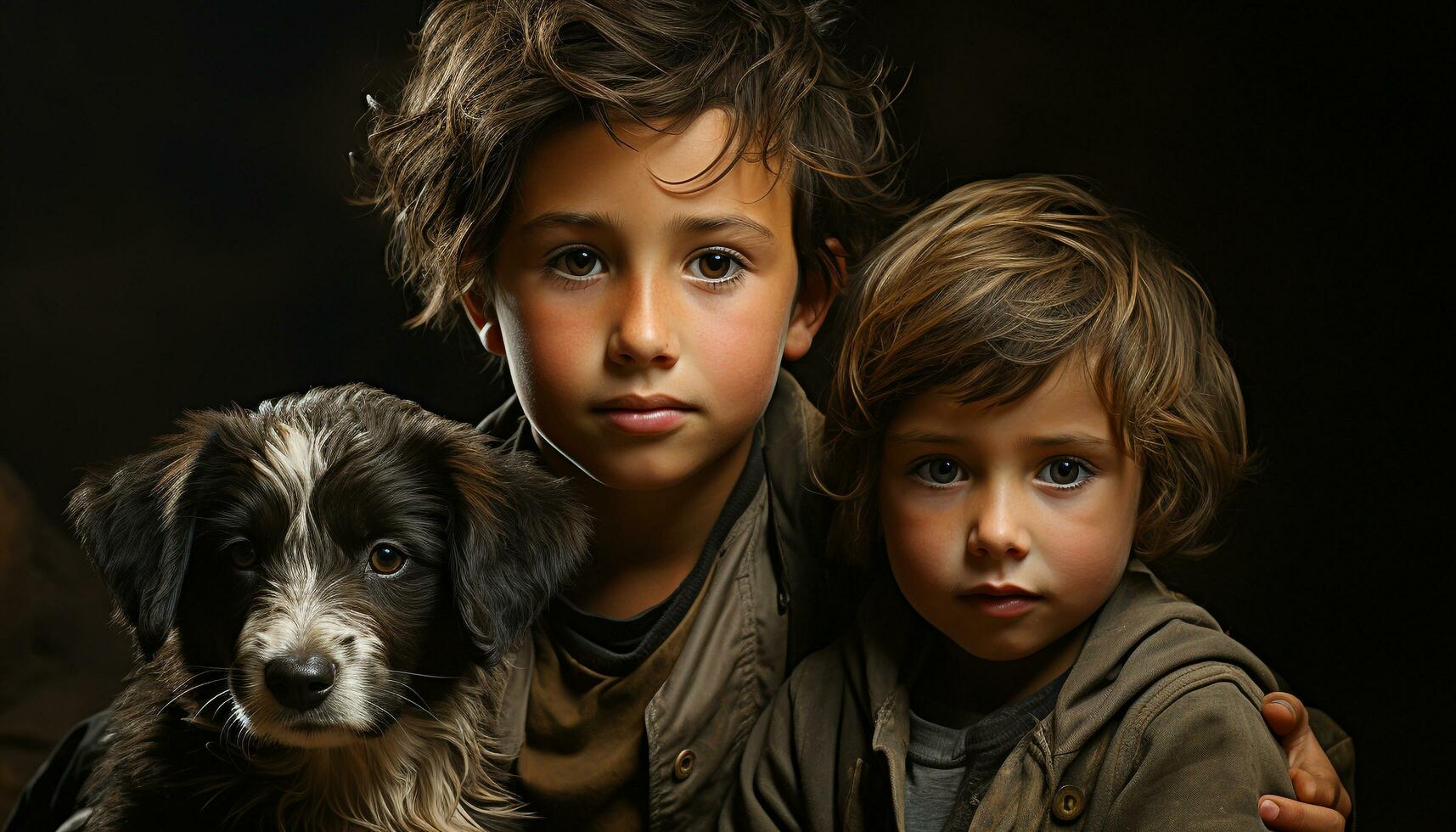 kind en hond, schattig portret jongens en huisdieren op zoek Bij camera gegenereerd door ai foto