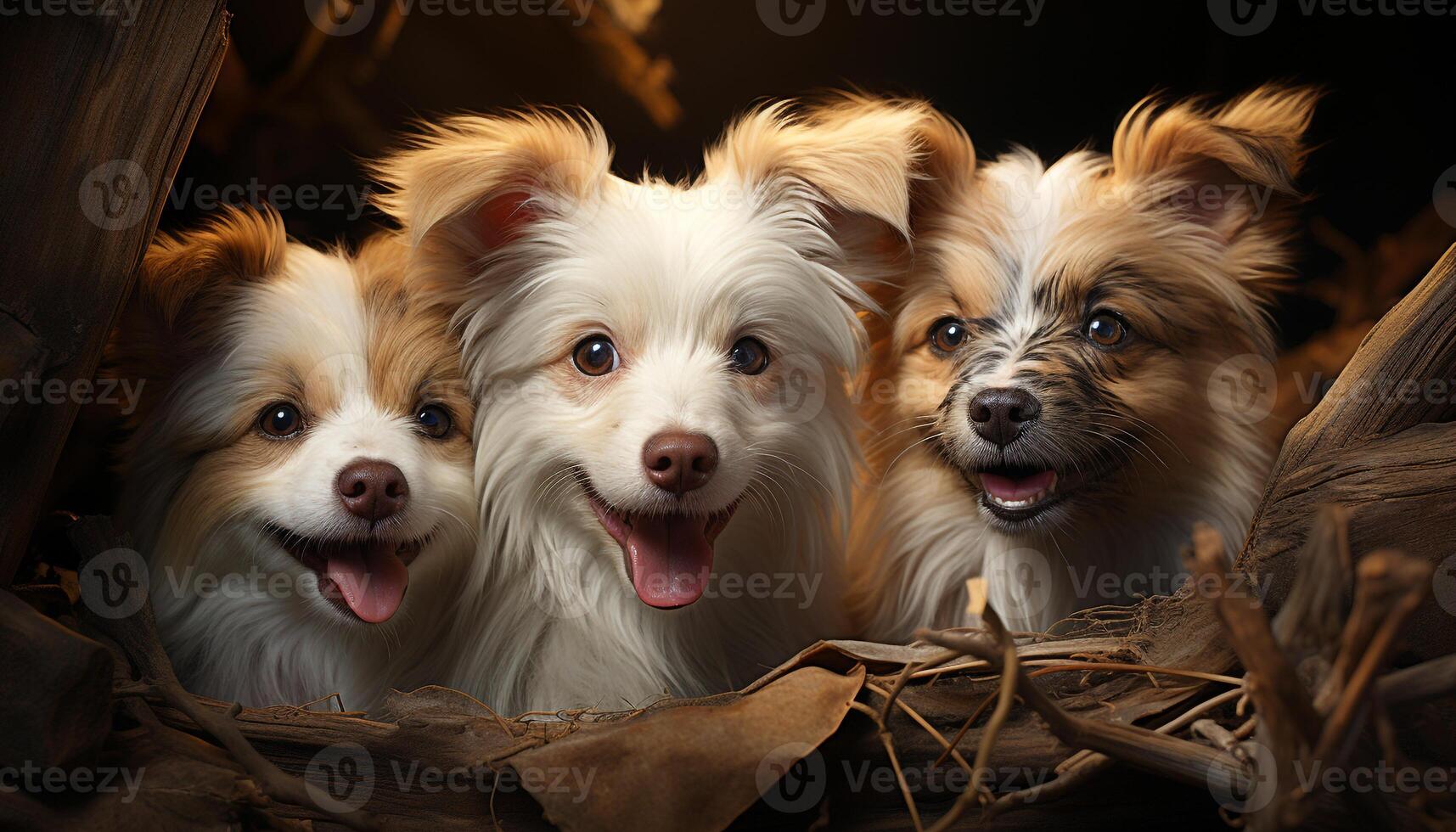 schattig puppy zitten, op zoek Bij camera, met pluizig dier haar- gegenereerd door ai foto