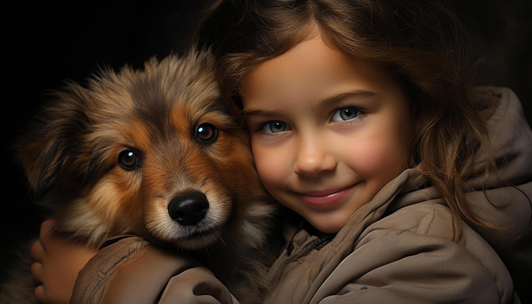 schattig hond en kind, huisdieren lachend, klein portret op zoek Bij camera gegenereerd door ai foto