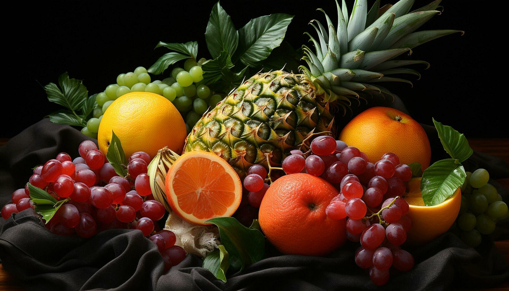 versheid van natuur premie druif, ananas, oranje, appel, citroen, limoen, pompelmoes, aardbei, kiwi, tomaat gegenereerd door ai foto