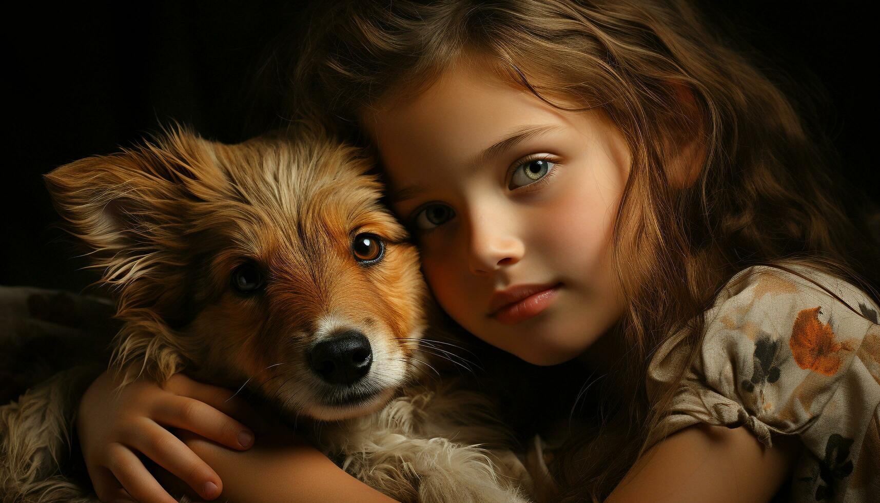 een schattig puppy en een glimlachen meisje, zuiver vriendschap en liefde gegenereerd door ai foto