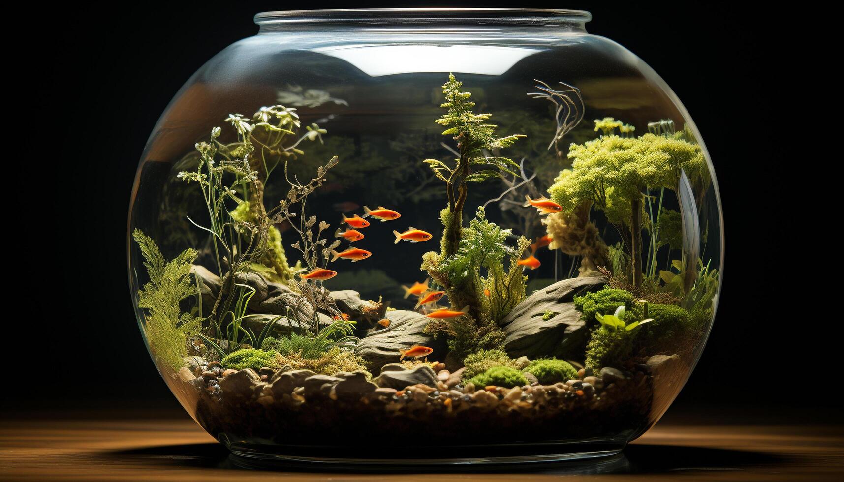 onderwater- vis tank met schattig goudvis, omringd door groen planten gegenereerd door ai foto