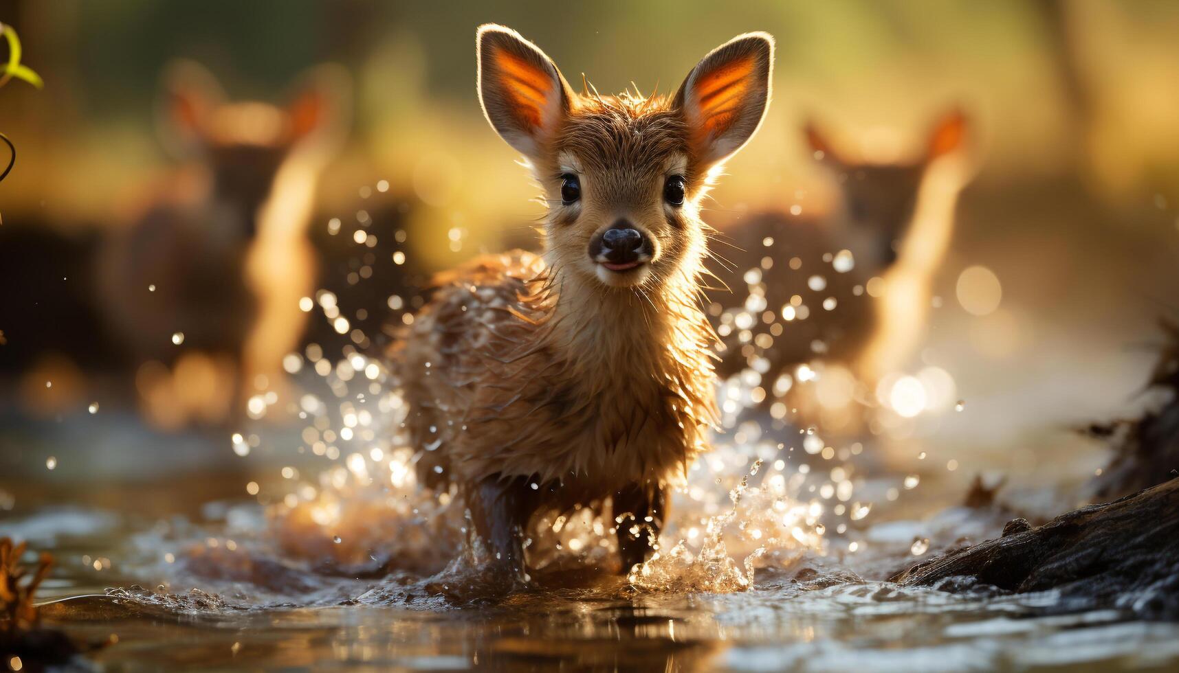 schattig jong hert spelen in de water, op zoek Bij camera gegenereerd door ai foto