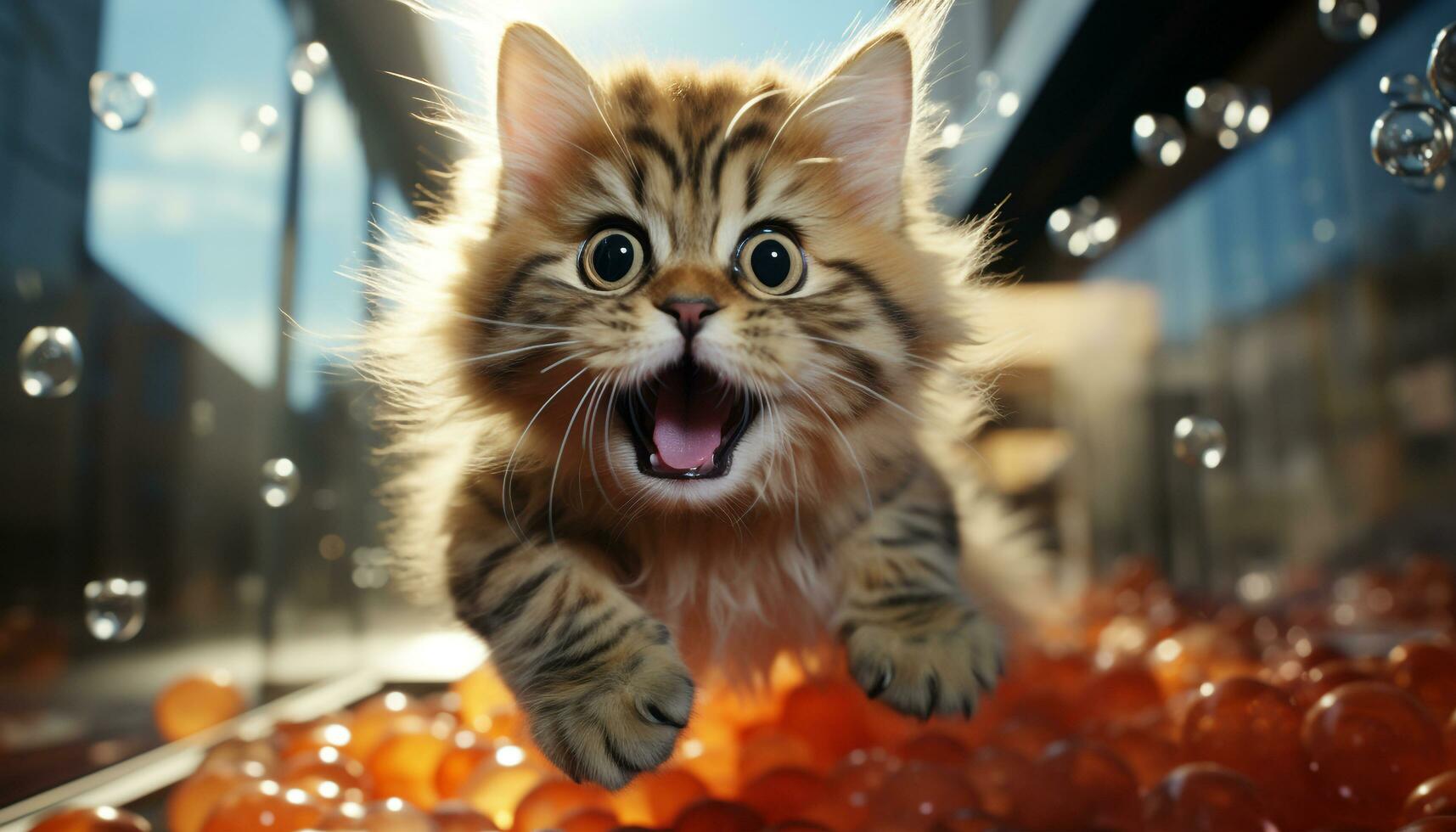 een schattig katje spelen met een speelgoed, op zoek Bij camera gegenereerd door ai foto