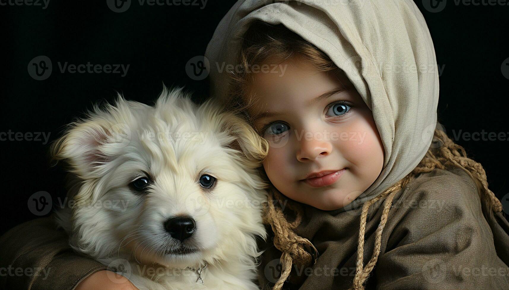 een schattig klein hond, een portret van een glimlachen kind gegenereerd door ai foto