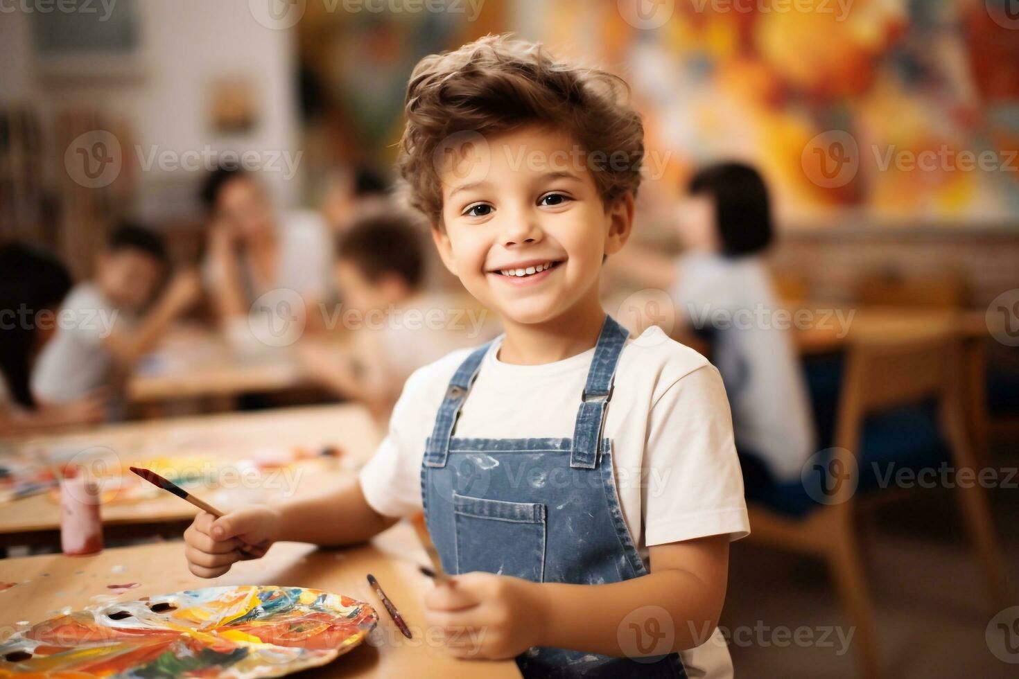 jong artiest Bij werk uitbeelding van jongen met verf palet in kunst klasse generatief ai foto