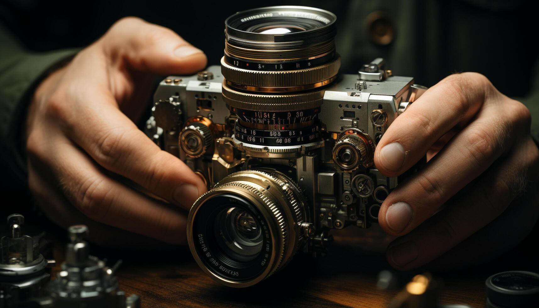 een professioneel fotograaf Holding een oud fashioned camera, vastleggen afbeeldingen vakkundig gegenereerd door ai foto