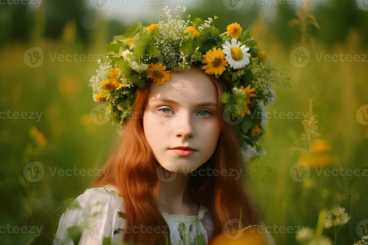 een jong vrouw in een bloem krans Aan een zonovergoten weide. fotorealistisch afbeelding. ai gegenereerd. foto