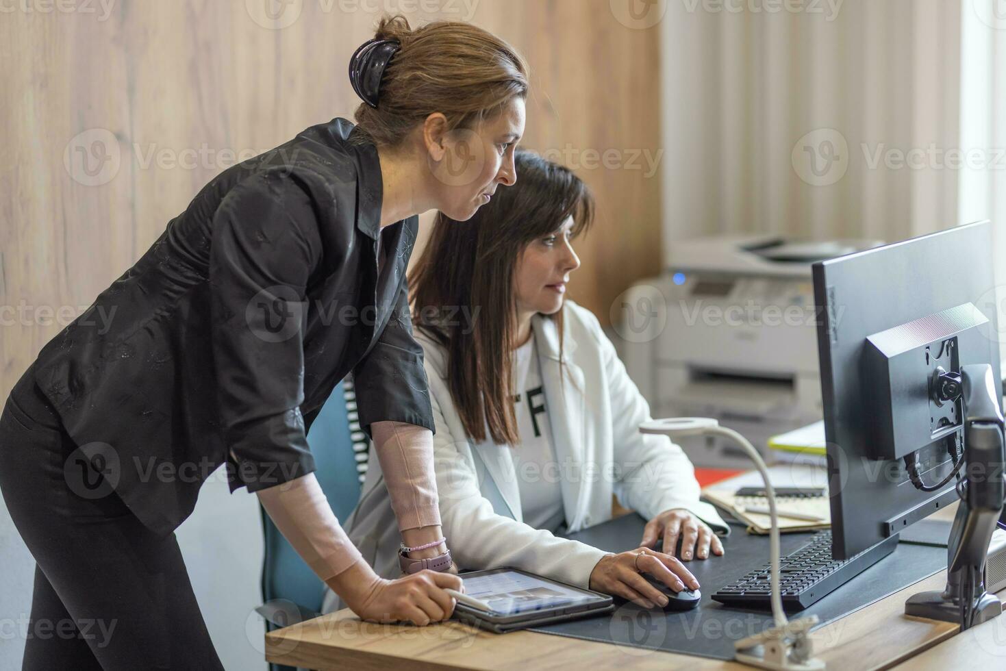 vrouw Directeur uitvoerend manager geven overleg Aan financieel operaties naar vrouw collega, gebruikt pc in modern kantoor foto