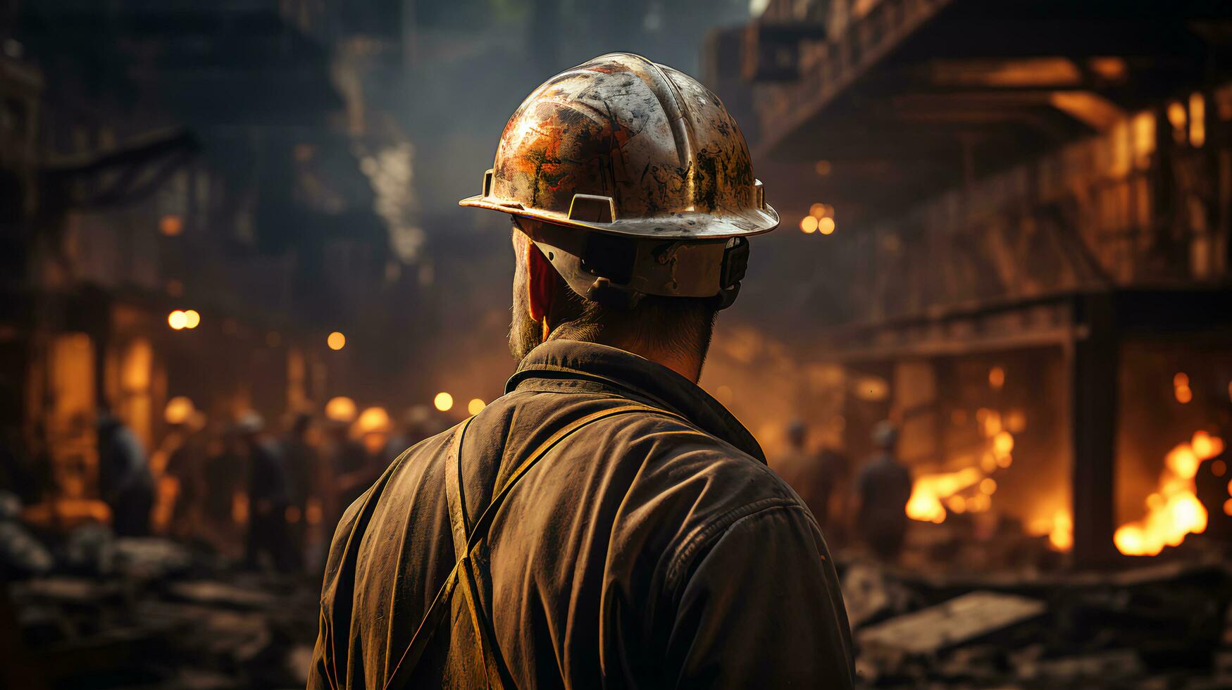 olie raffinaderij ingenieur, olie industrie arbeider staat in voorkant van een groot chemisch fabriek foto