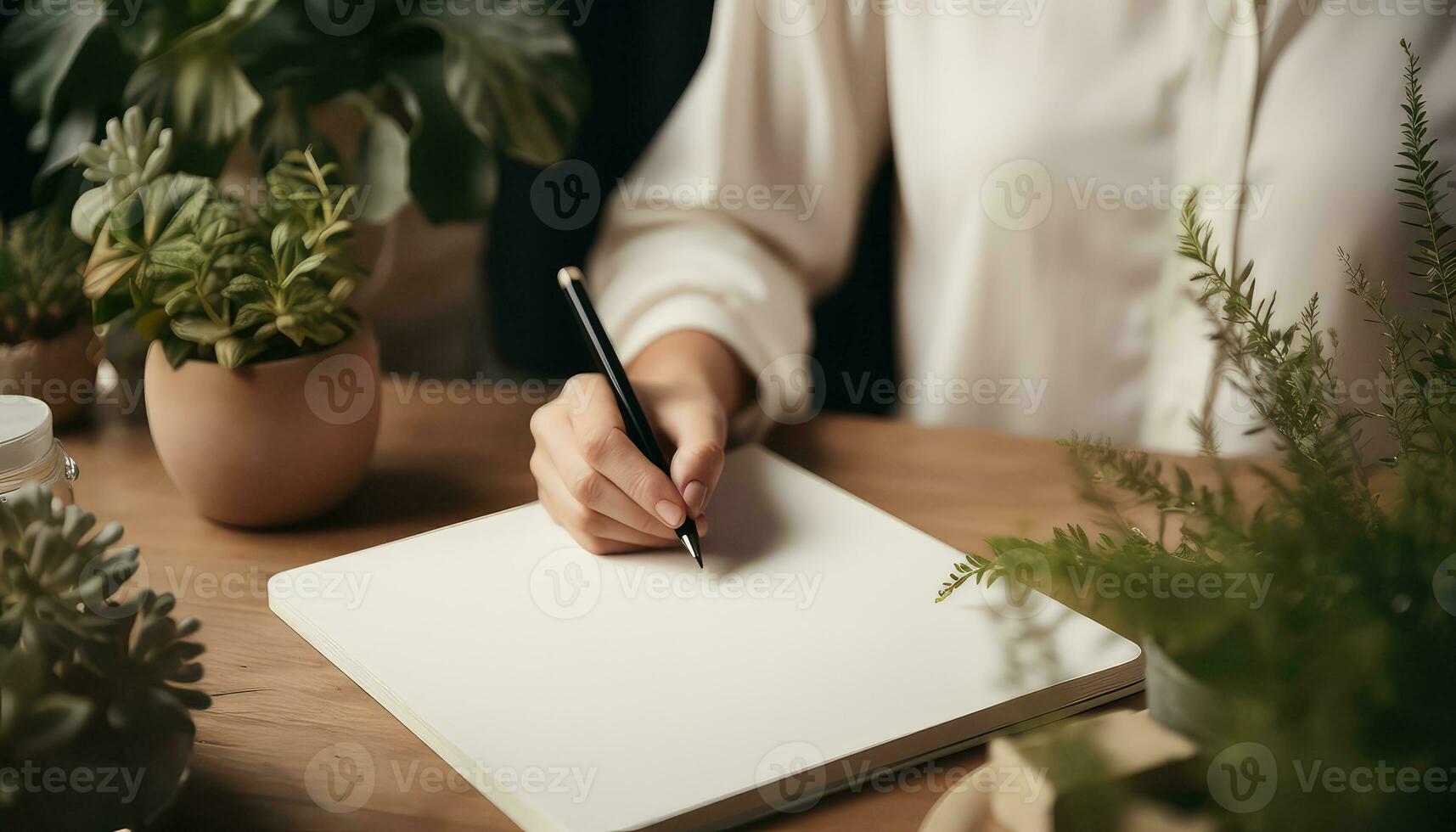 vrouw schrijven in spiraal notitieboekje in modern beige kamer met planten ai gegenereerd foto