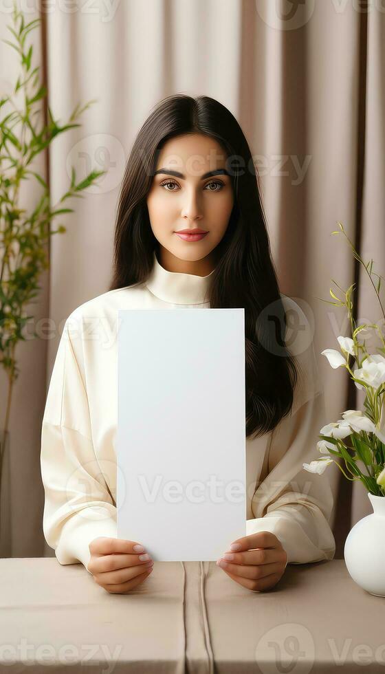 vrouw schrijven in spiraal notitieboekje in modern beige kamer met planten ai gegenereerd foto