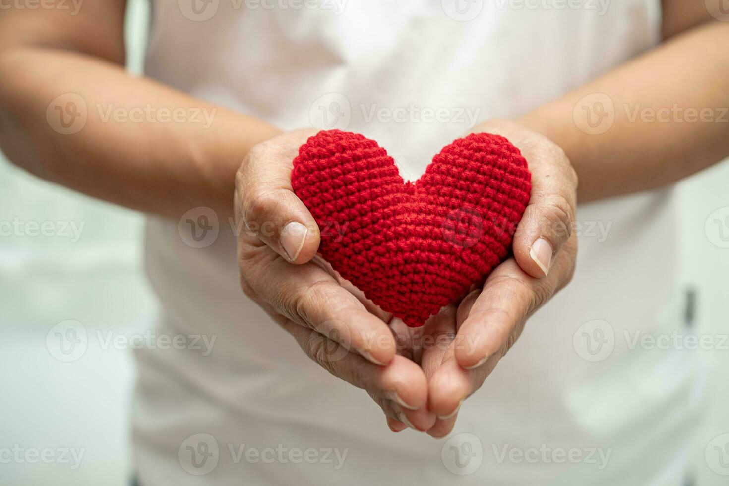 Aziatisch vrouw vrijwilliger Holding een rood hart, bijdrage, liefdadigheid, vertrouwen, verzekering concept. foto