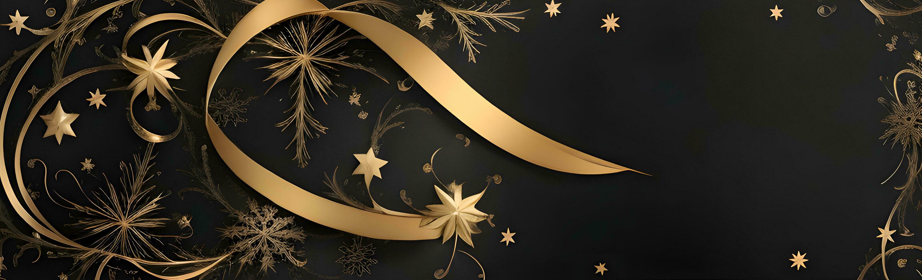 een elegant Kerstmis groeten banier met gouden kolken linten sierlijk kronkelend in de omgeving van schijnend sterren Aan een rijk zwart achtergrond foto