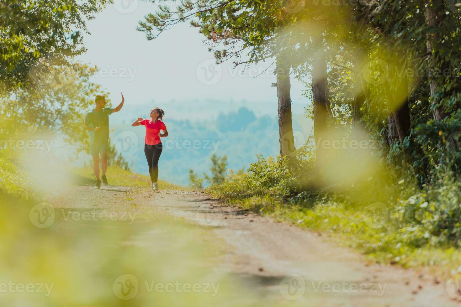 paar genieten van in een gezond levensstijl terwijl jogging Aan een land weg door de mooi zonnig Woud, oefening en geschiktheid concept foto