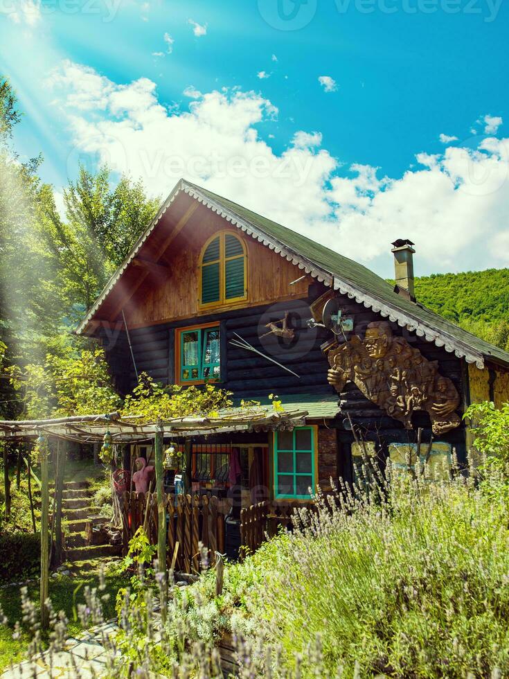 houten huisje huis traditioneel natuurlijk in de Woud met tuin foto