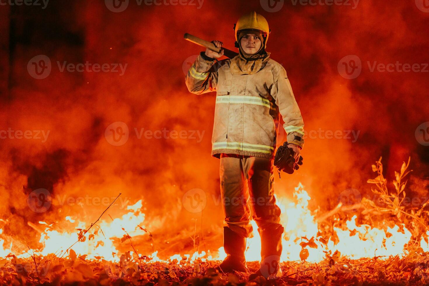 brandweerman Bij functie. brandweerman in gevaarlijk Woud gebieden omringd door sterk brand. concept van de werk van de brand onderhoud foto