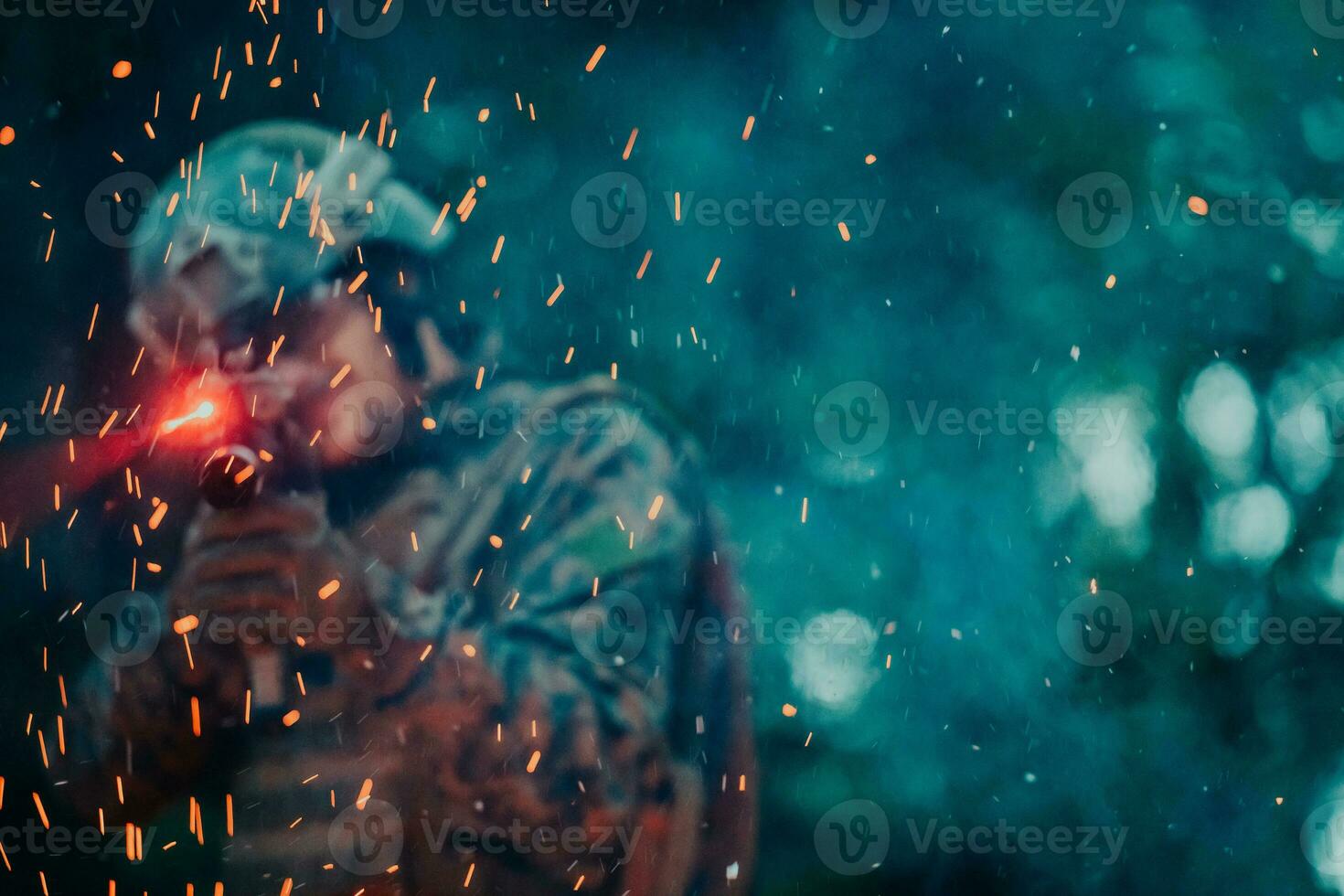 een soldaat gevechten in een oorlogsbos Oppervlakte omringd door brand foto