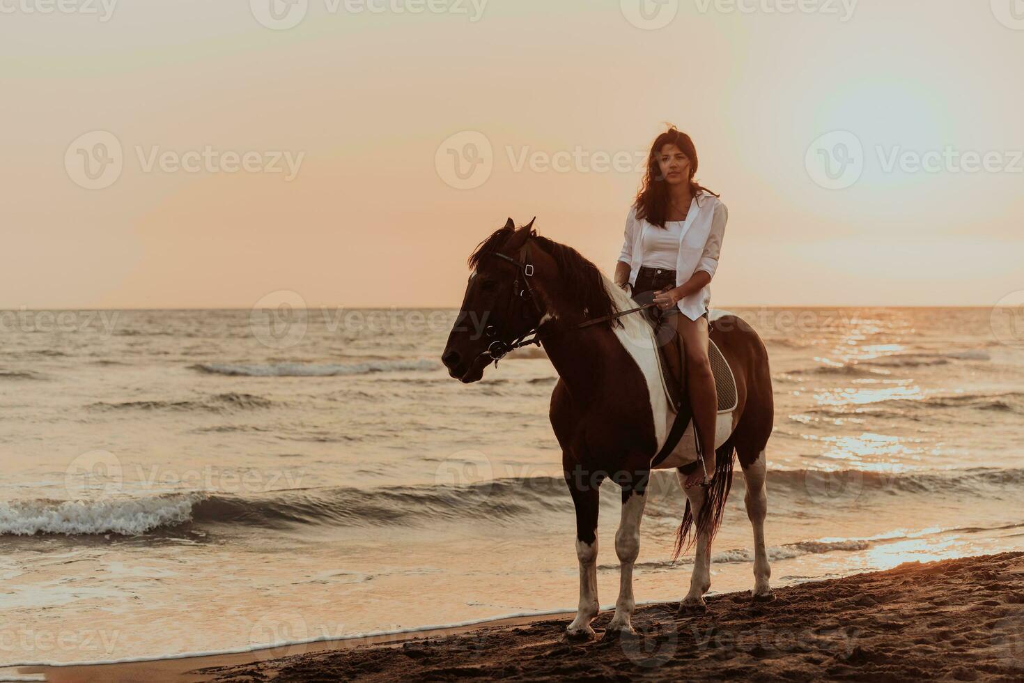 vrouw in zomer kleren geniet rijden een paard Aan een mooi zanderig strand Bij zonsondergang. selectief focus foto