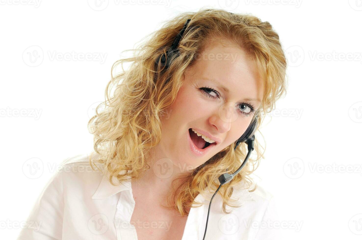bedrijf blond vrouw met koptelefoon foto