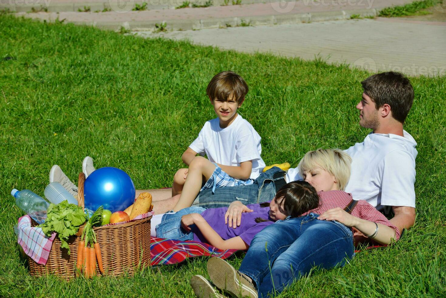 gelukkig familie spelen samen in een picknick buitenshuis foto