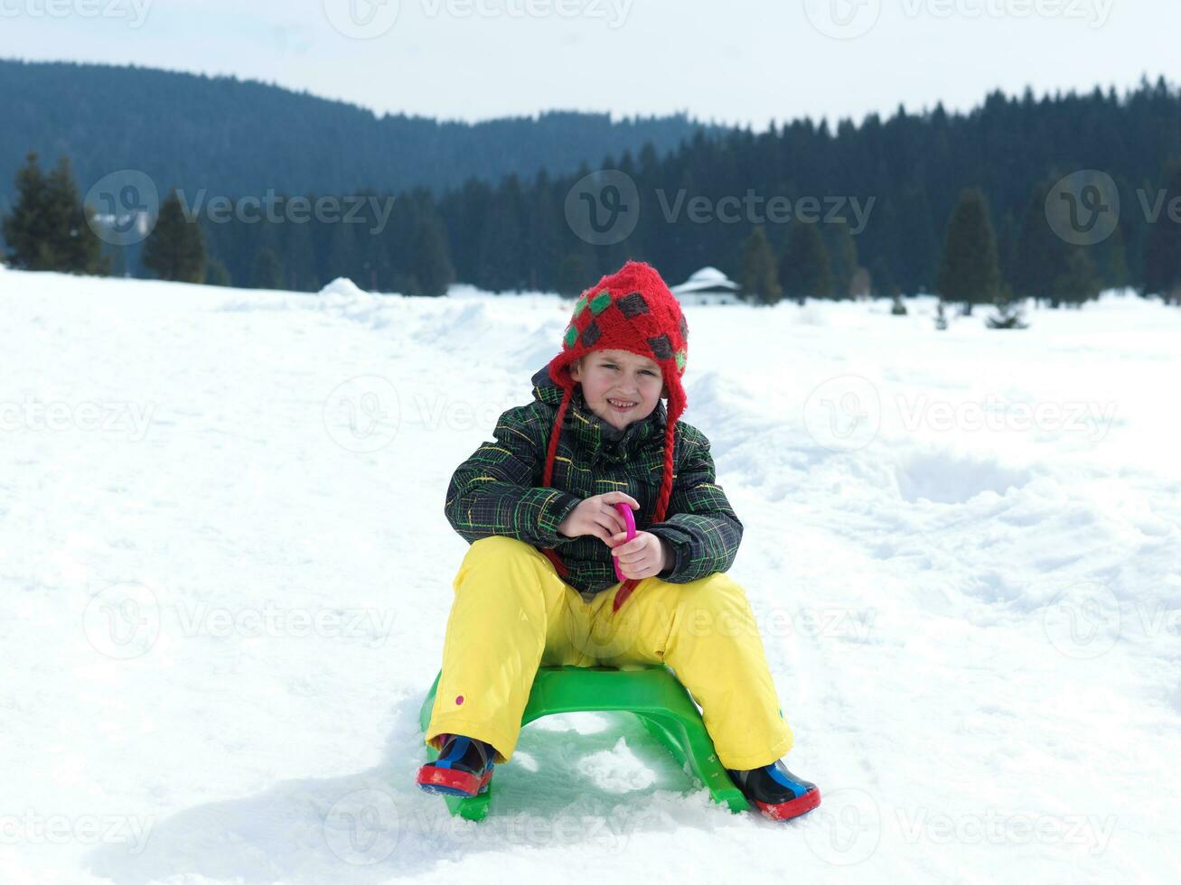 gelukkig jong jongen hebben pret Aan winter vakantie Aan vers sneeuw foto