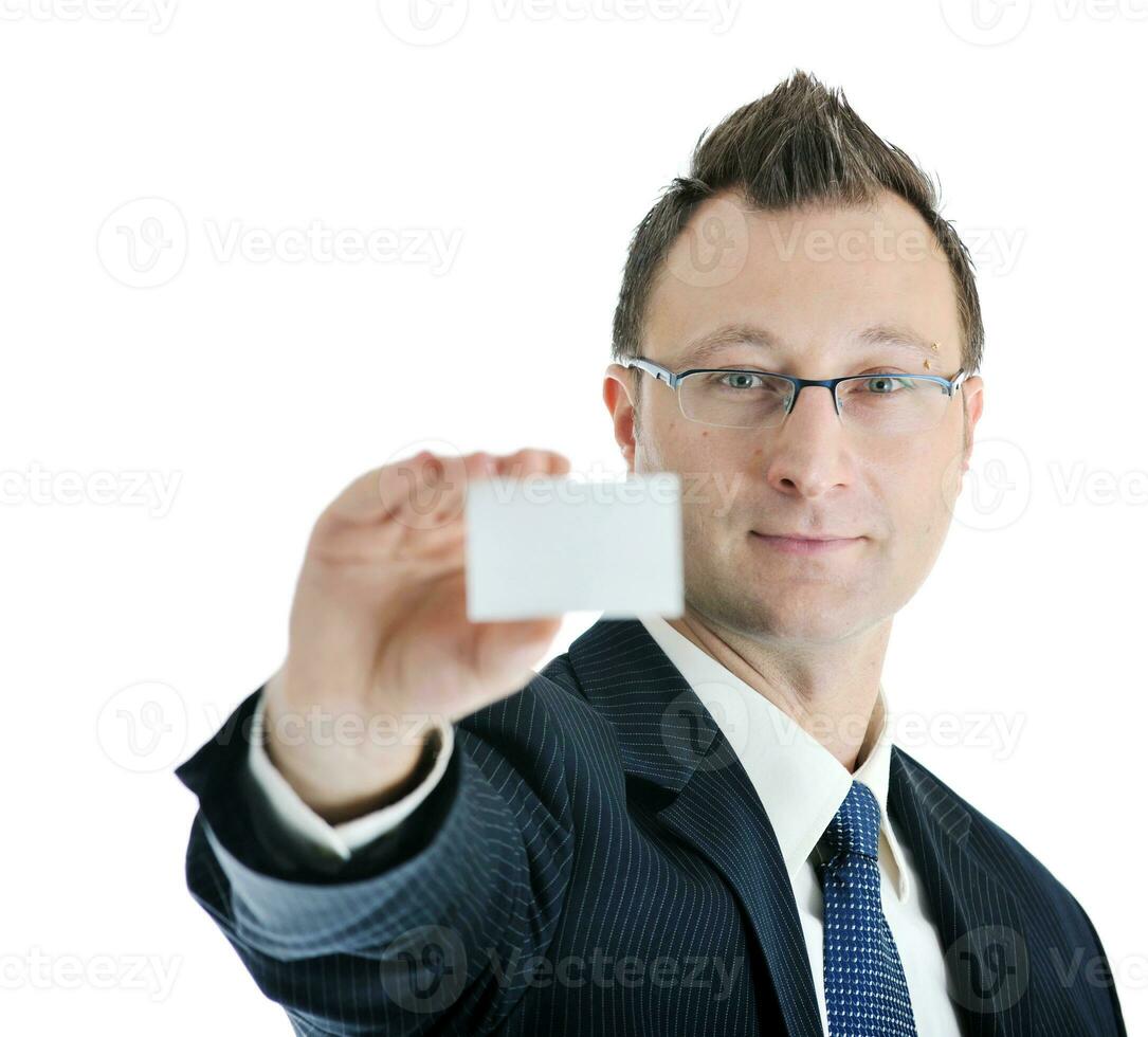 jong zakenman met leeg wit kaart foto