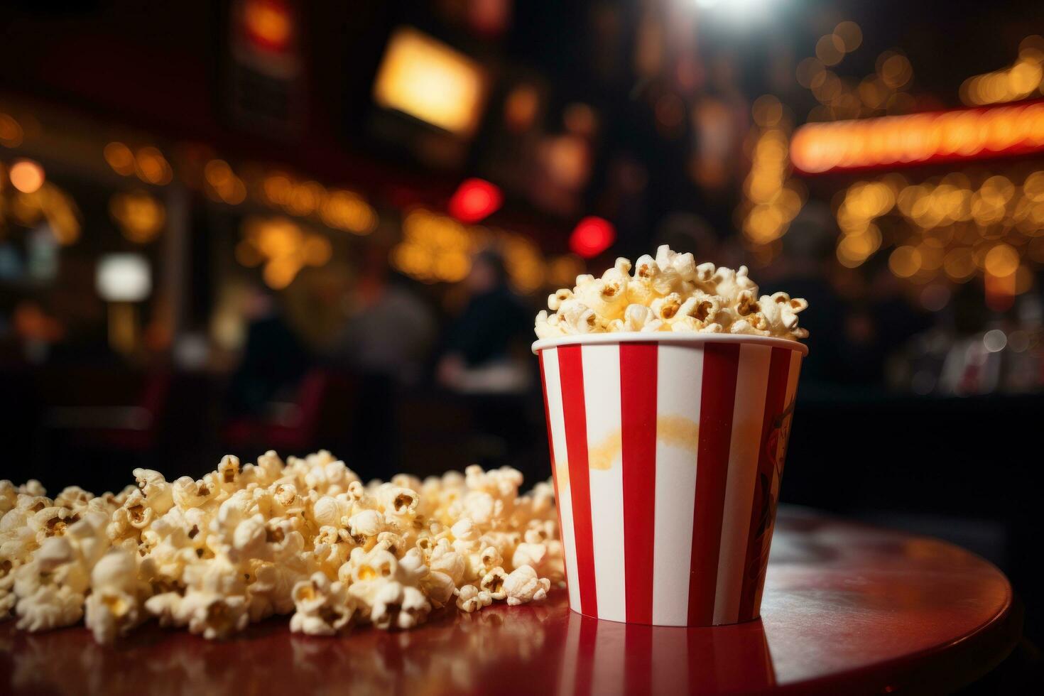 een leeg popcorn doos met popcorn knallen uit Bij een bioscoop foto
