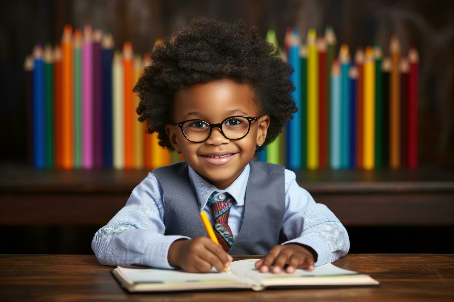 peuter- jongen in bril schrijven Bij bureau foto