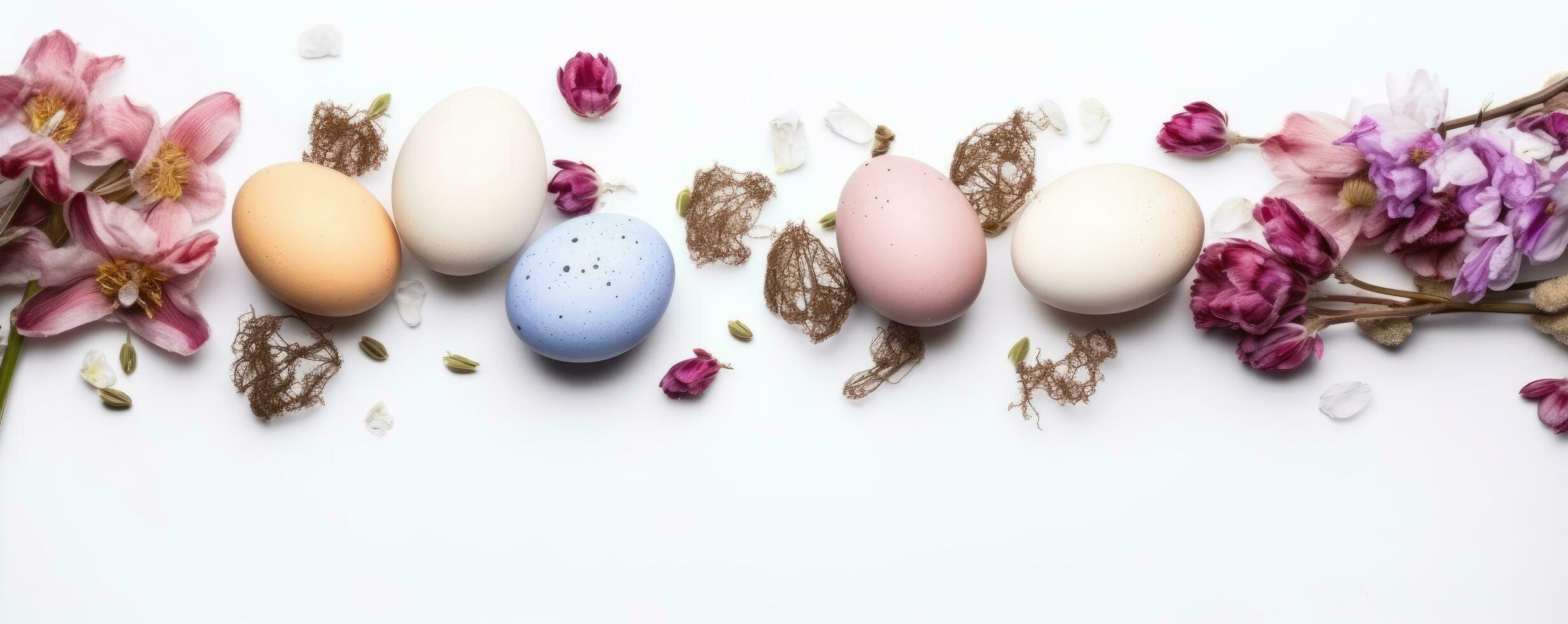 kleurrijk Pasen eieren in nest met bloemen Aan helder marmeren wit tafel. ai gegenereerd foto