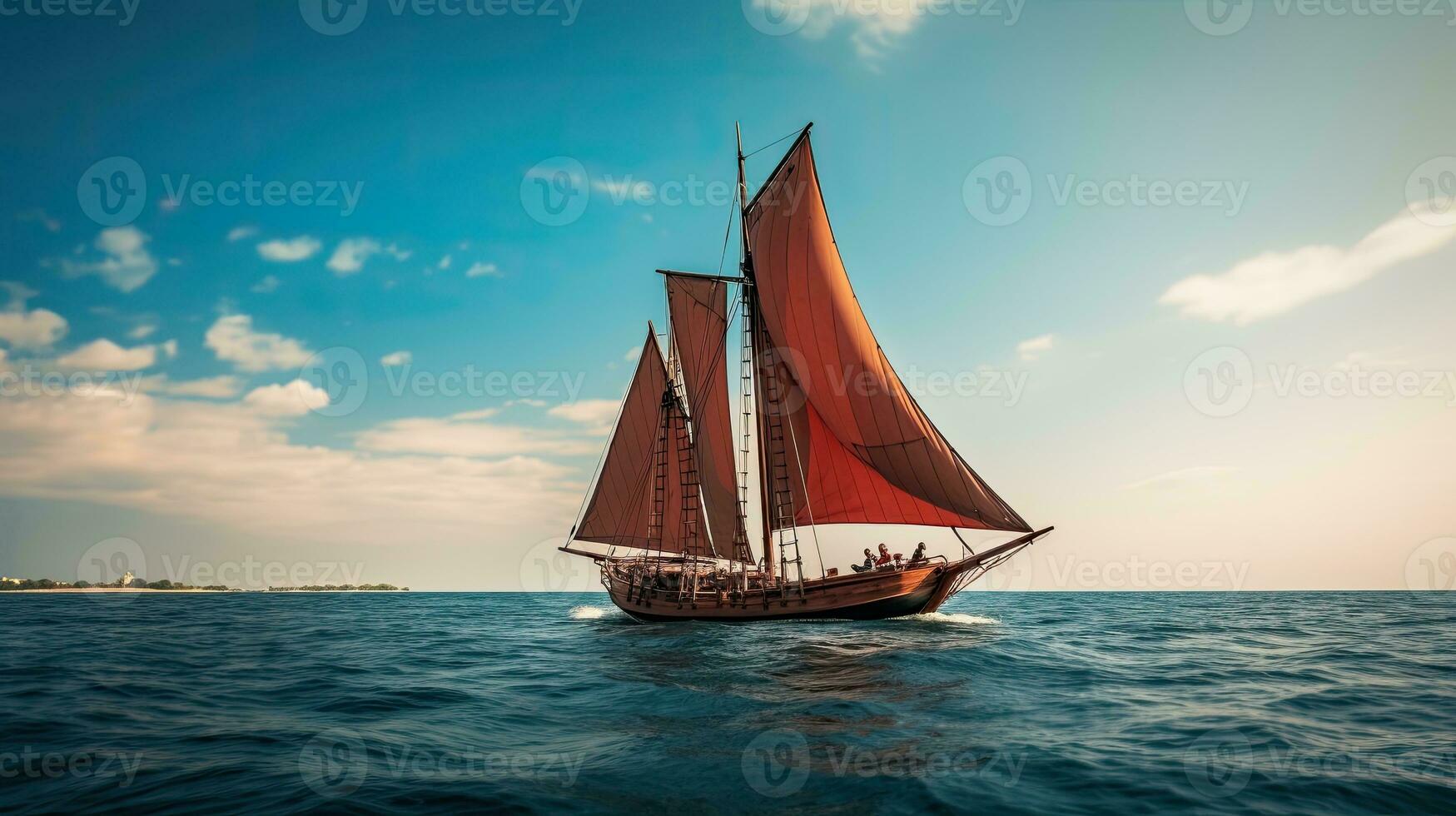 portret pinisi schip het zeilen Aan de zee met licht blootstelling ai generatief foto