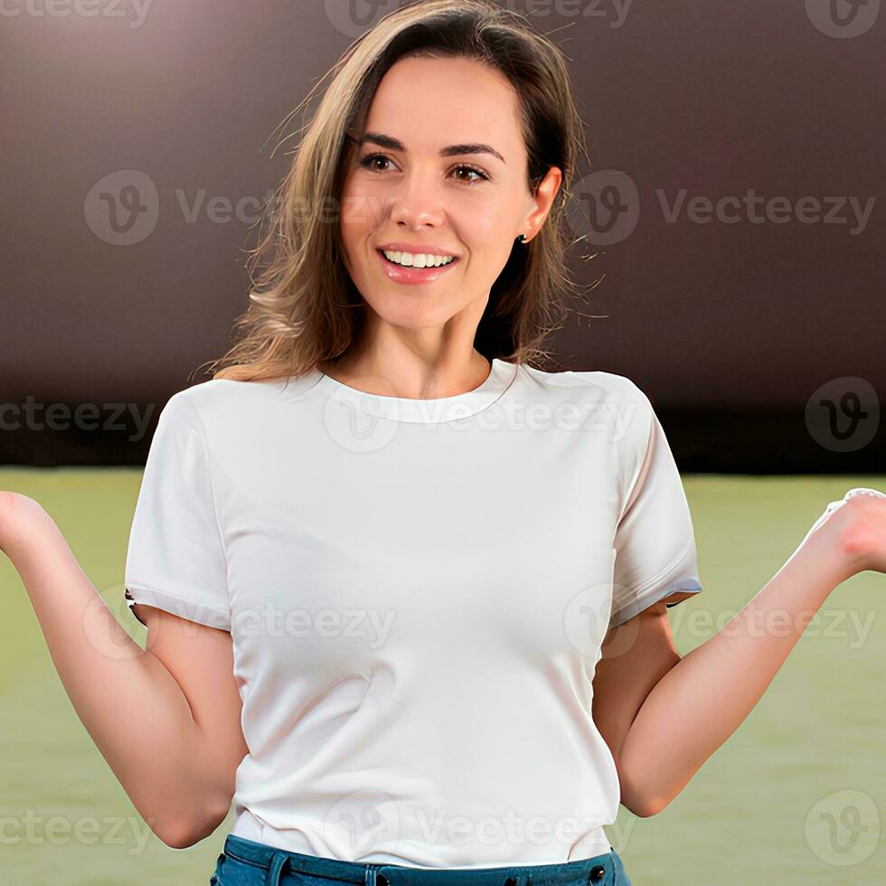 gelukkig glimlachen vrouw in wit t-shirt mockup foto