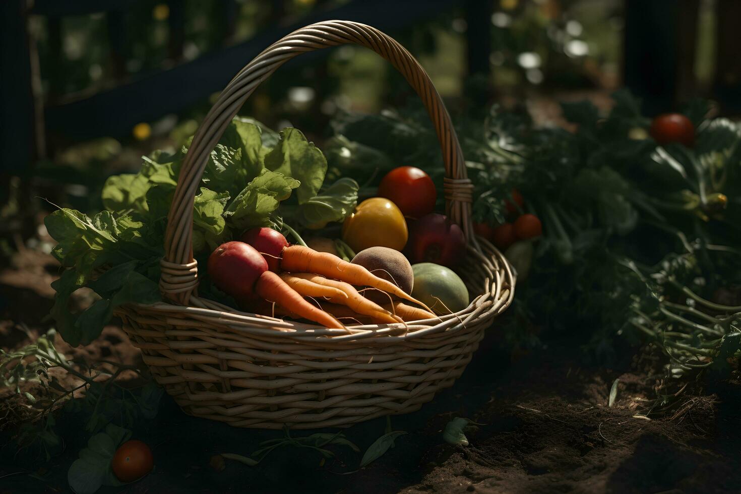 rieten mand met vers biologisch groenten in de tuin Aan een zonnig dag. groeit eigen voedsel concept. ai gegenereerd. foto