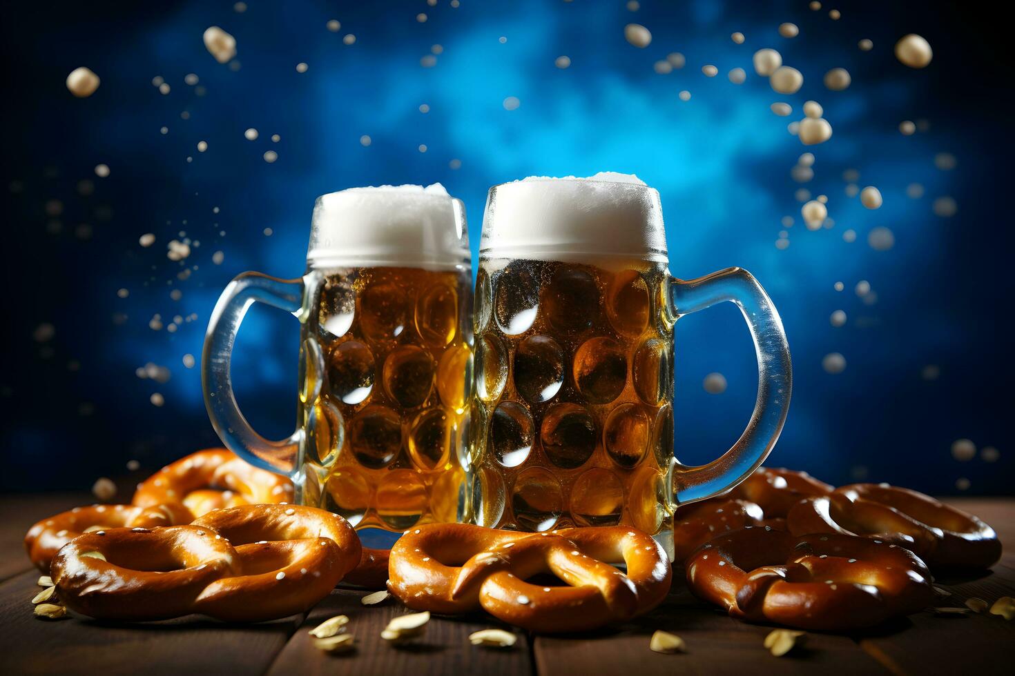 oktoberfeest traditioneel bier mokken en pretzels Aan een houten tafel Bij blauw achtergrond. foto