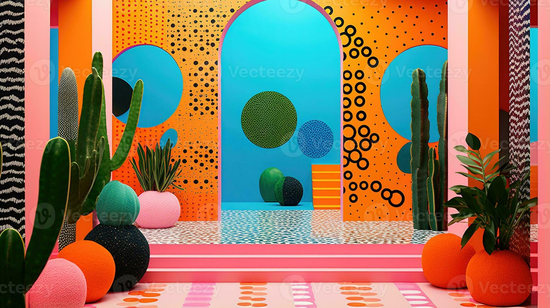 generatief ai, Memphis postmodern stijl interieur met veel planten, levendig kleuren kamer foto