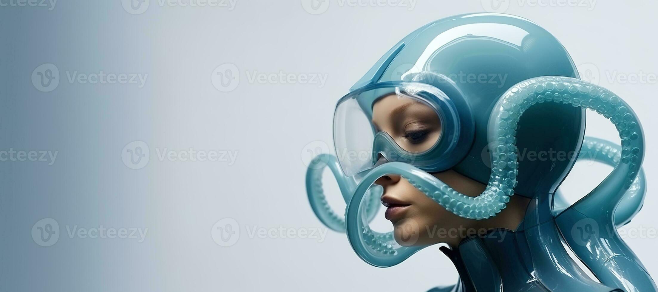 generatief ai, vrouw in plastic blauw Octopus Leuk vinden masker, hoog tech futurisme, minimalistische schoonheid foto