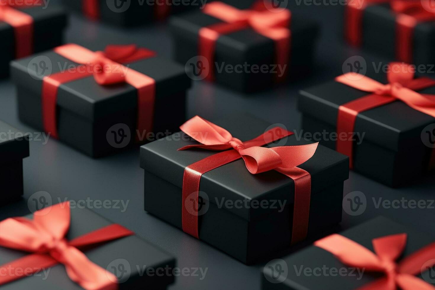 zwart geschenk dozen met rood lint, zwart vrijdag. ai gegenereerd foto