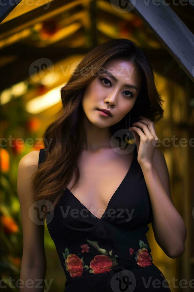 mooi Aziatisch meisje vervelend sensueel jurk in bloem tuin ai generatief foto