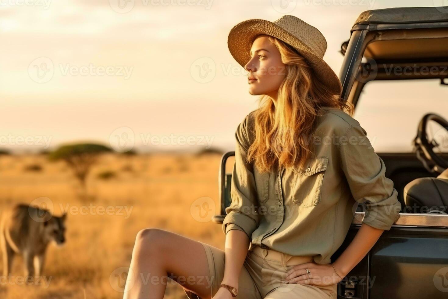 een mooi vrouw toerist onderzoeken een savanne ai generatief foto
