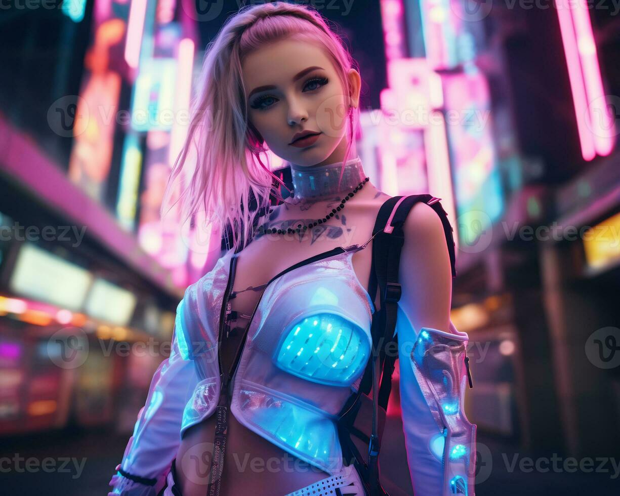 een foto van een meisje in een neon-verlicht cyberpunk kleding in een futuristische stadsgezicht Bij nacht ai generatief