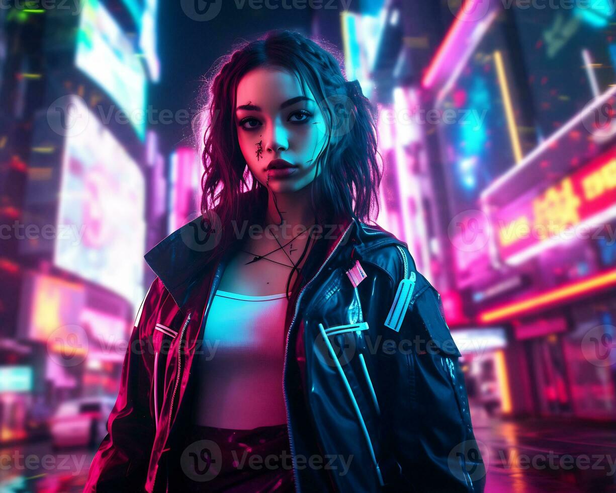 een foto van een meisje in een neon-verlicht cyberpunk kleding in een futuristische stadsgezicht Bij nacht ai generatief