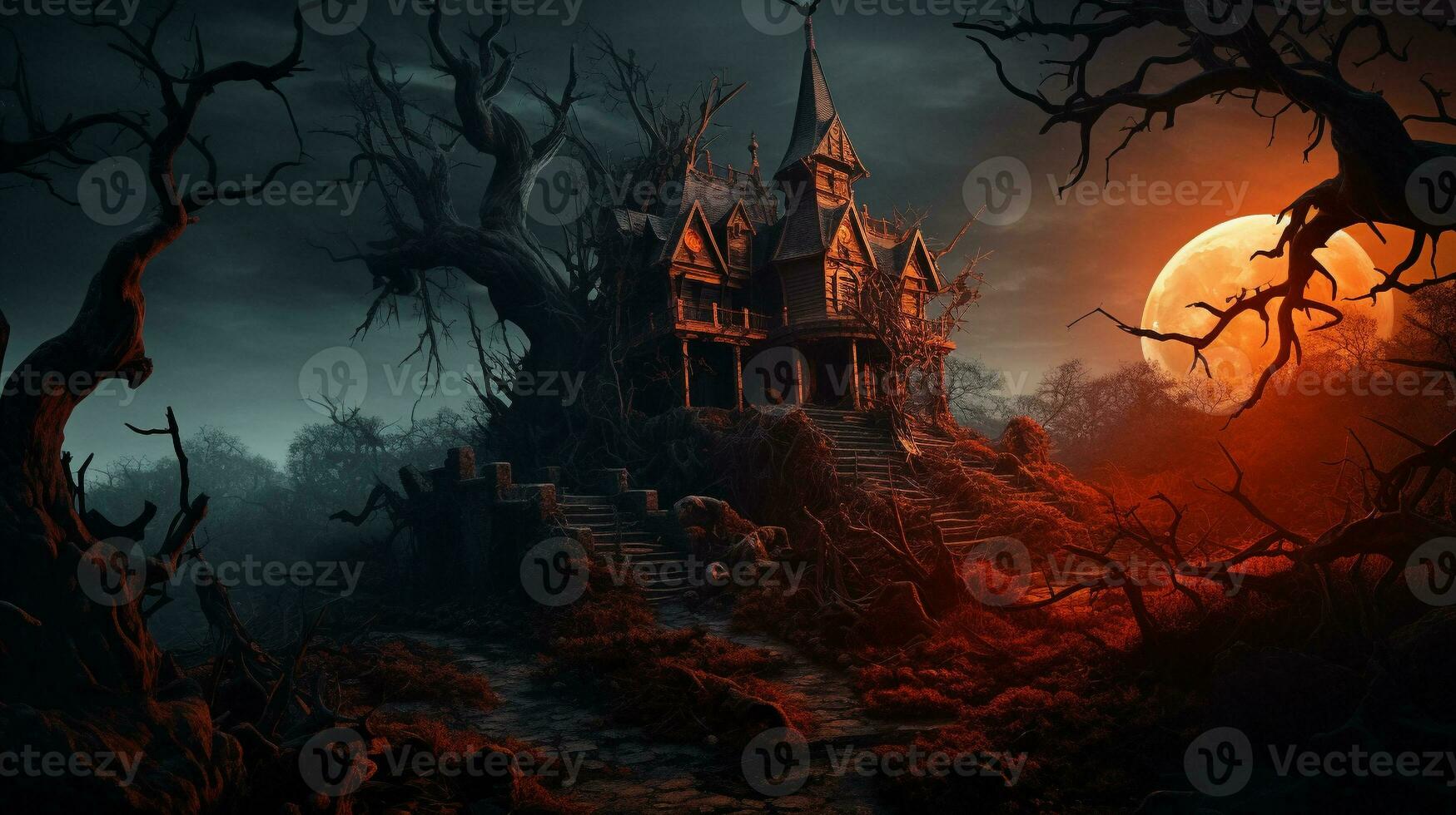 achtervolgd huis in de nacht met . eng tafereel voor feestelijk halloween decoratie. generatief ai foto