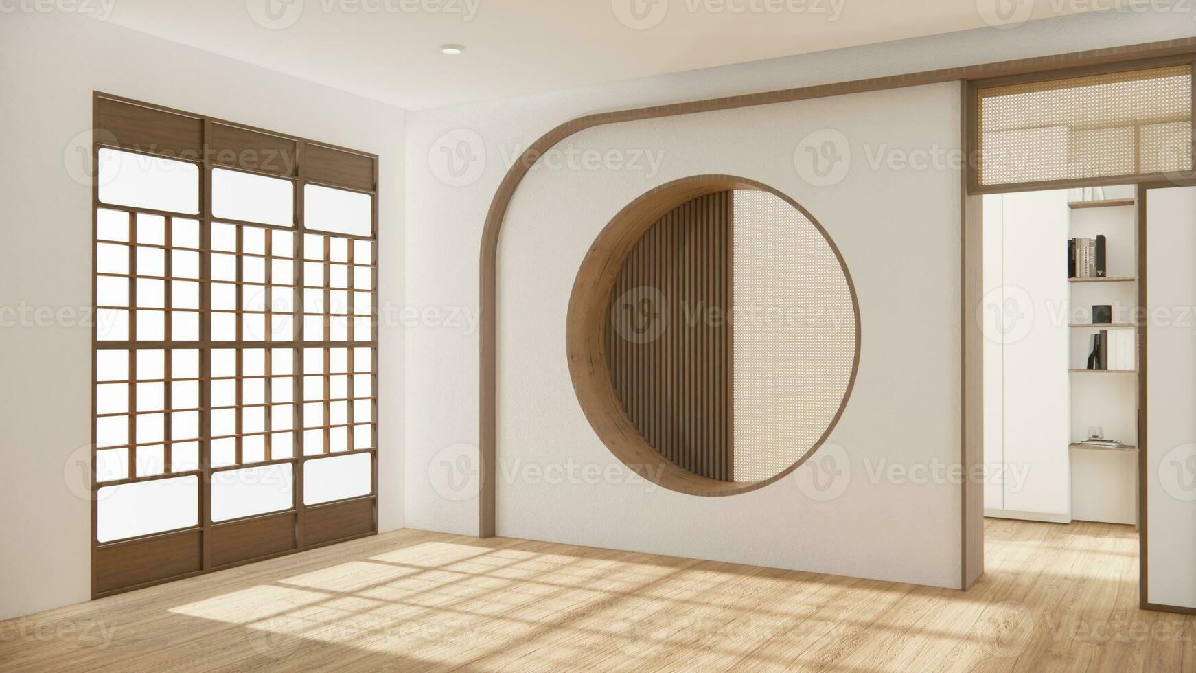 slaapkamer Japans minimaal stijl, modern wit muur en houten vloer, kamer minimalistisch. 3d renderen foto