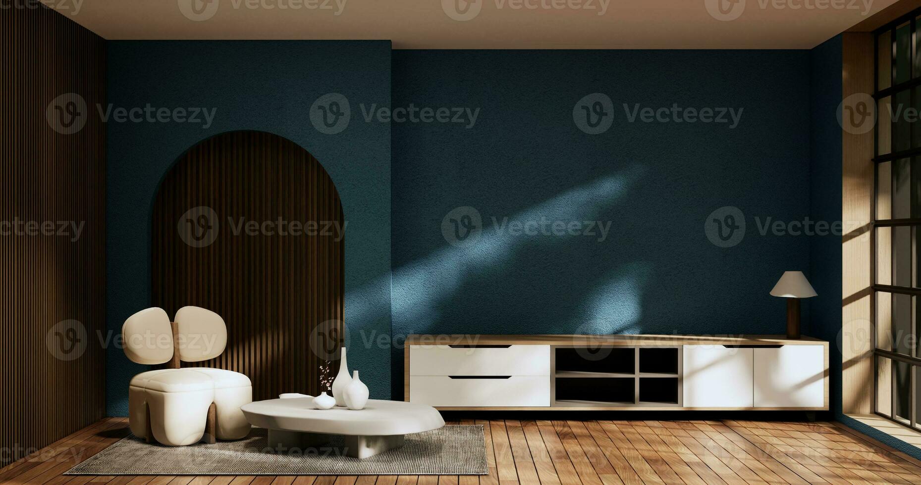 kabinet in modern zen leven kamer Aan licht blauw muur achtergrond,3d renderen foto