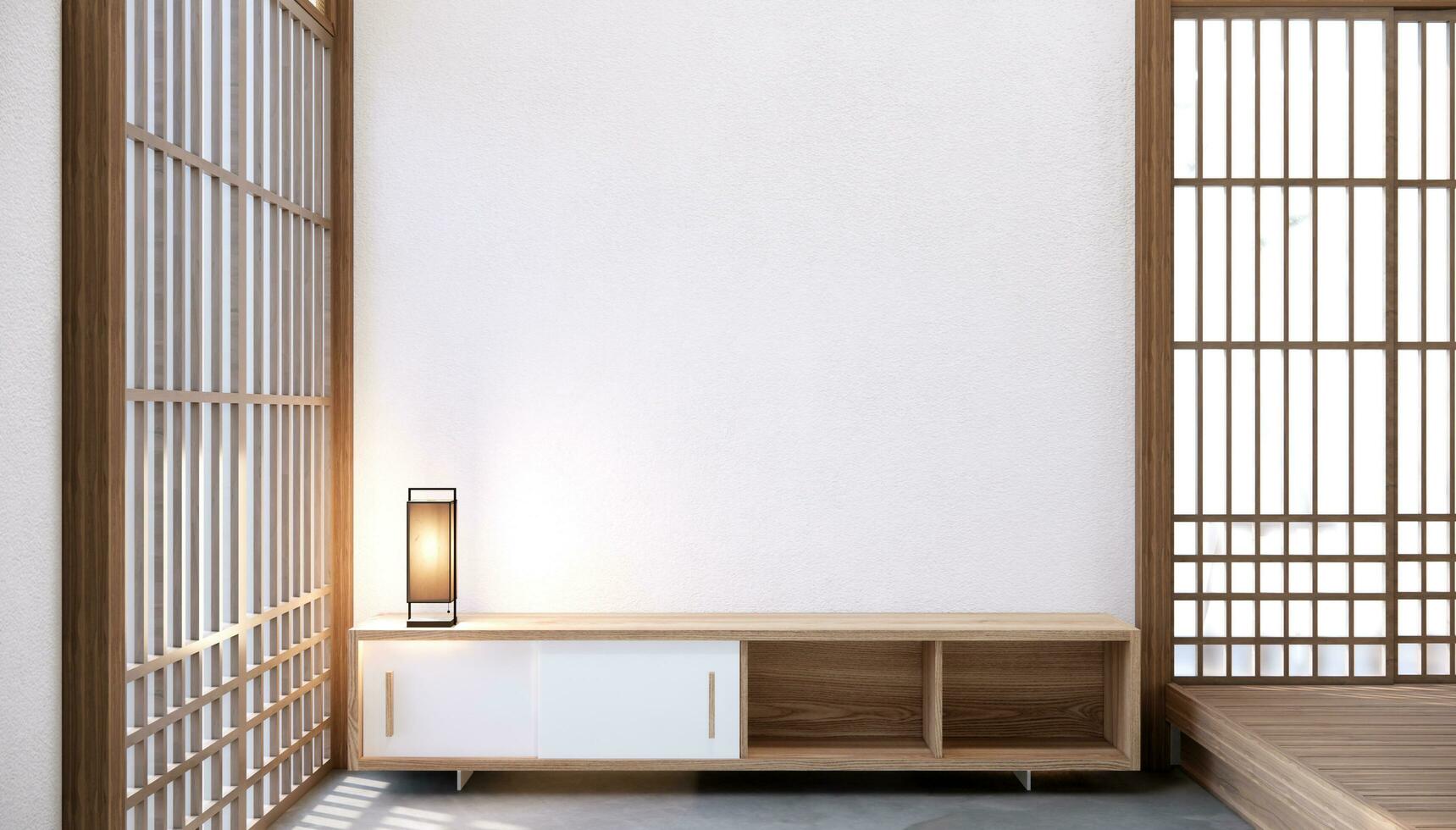 japans stijl leven leeg kamer met versierd minimalistische en TV kastje. foto