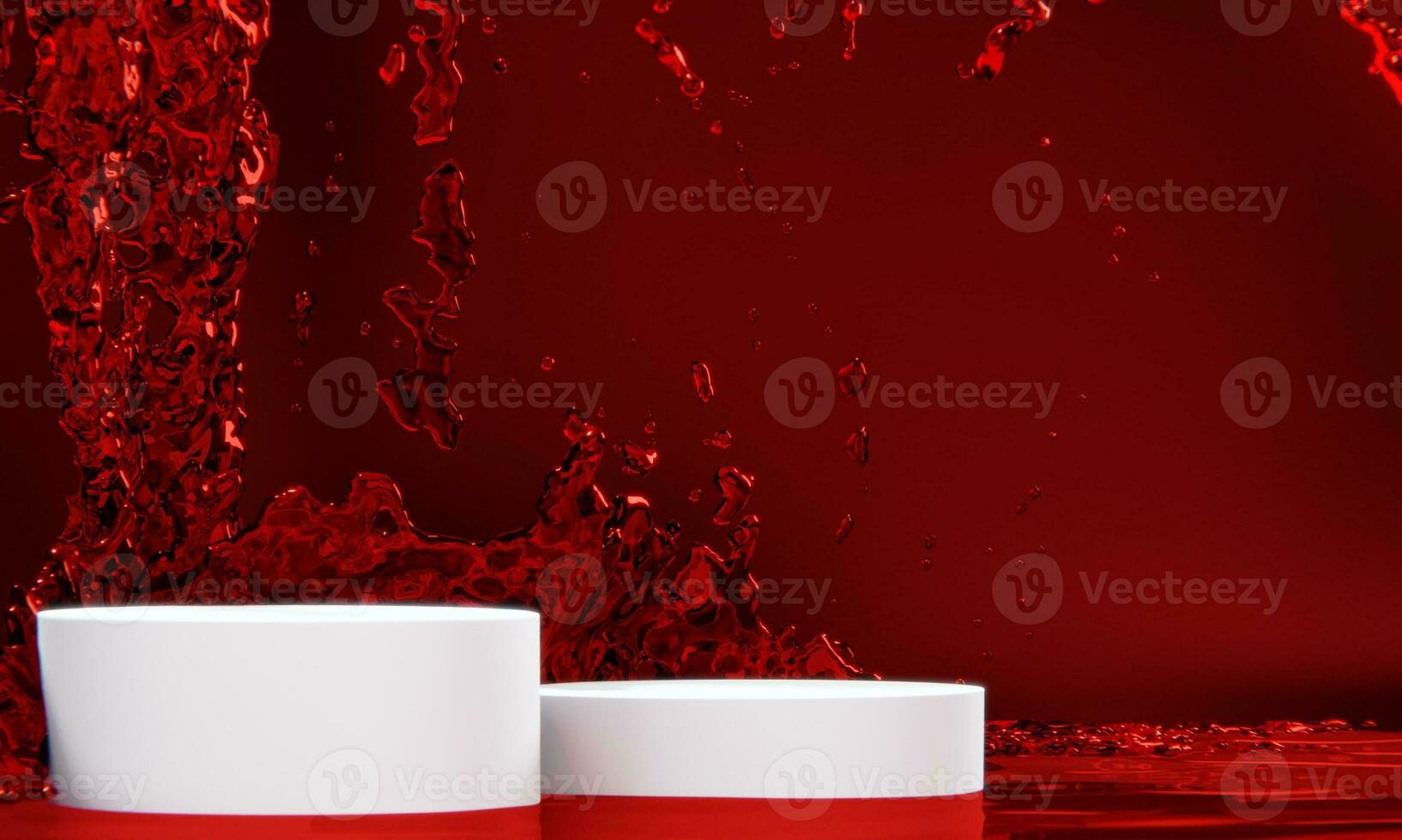 de Product Scherm staan en rood water spatten Aan achtergrond. foto