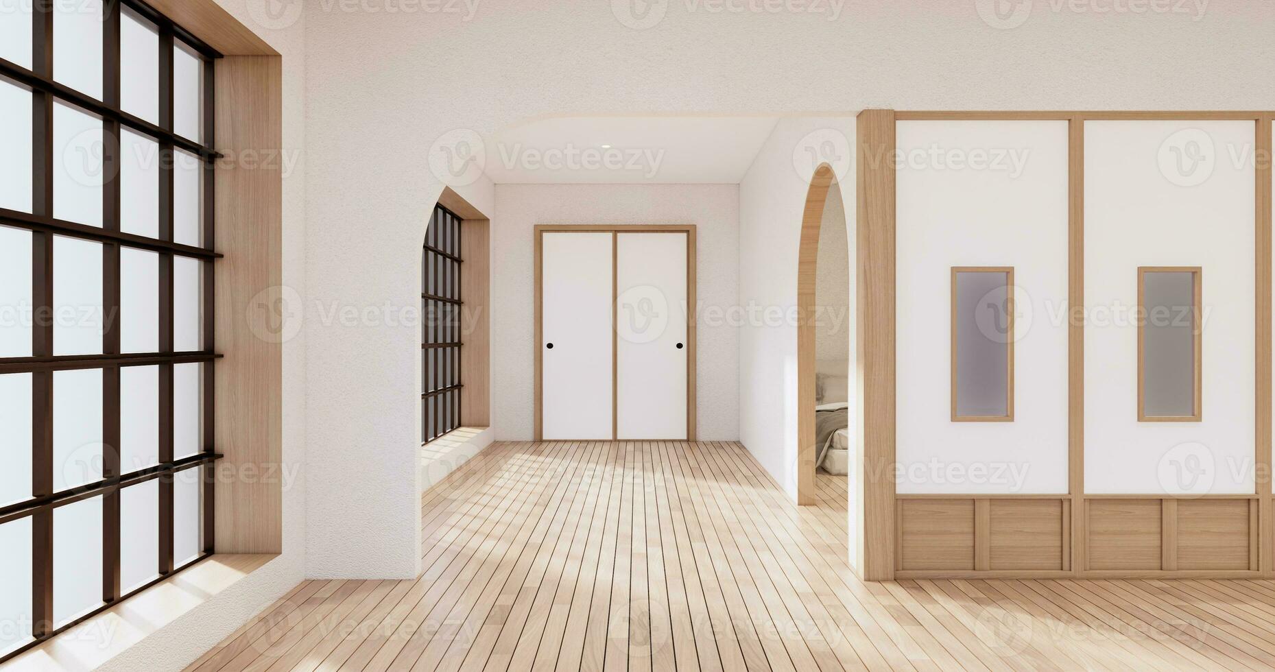 muji stijl, leeg houten Kamer schoon maken japans kamer interieur, 3d renderen foto